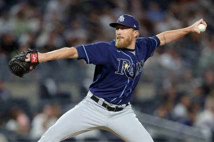Aug 2, 2023; Bronx, New York, USA; Tampa Bay Rays relief pitcher Jake Diekman (30) pitches against the New York Yankees during the eighth inning at Yankee Stadium. Mandatory Credit: Brad Penner-USA TODAY Sports