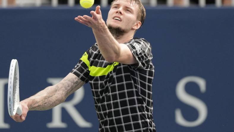 Aug 7, 2023; Toronto, Ontario, Canada; Alexander Bublik (KAZ) serves against Hubert Hurkacz (not pictured) at Sobeys Stadium. Mandatory Credit: John E. Sokolowski-USA TODAY Sports