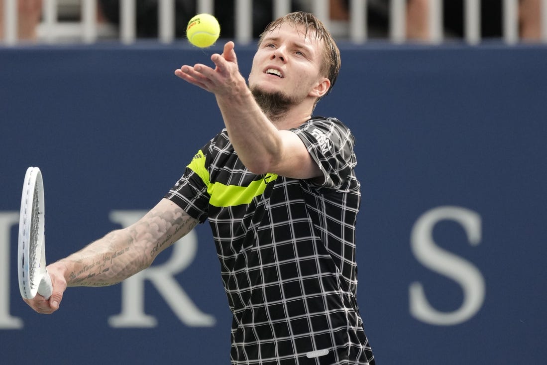 Aug 7, 2023; Toronto, Ontario, Canada; Alexander Bublik (KAZ) serves against Hubert Hurkacz (not pictured) at Sobeys Stadium. Mandatory Credit: John E. Sokolowski-USA TODAY Sports