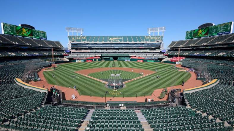 Aug 7, 2023; Oakland, California, USA; A general view of Oakland-Alameda County Coliseum before a game between the Oakland Athletics and the Texas Rangers.   Mandatory Credit: Robert Edwards-USA TODAY Sports