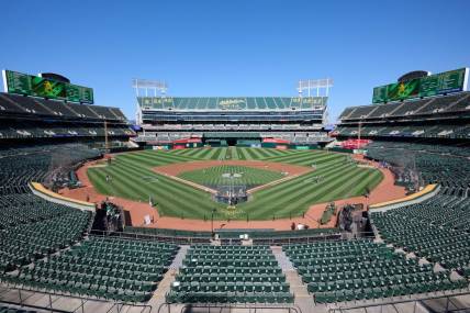 Aug 7, 2023; Oakland, California, USA; A general view of Oakland-Alameda County Coliseum before a game between the Oakland Athletics and the Texas Rangers.   Mandatory Credit: Robert Edwards-USA TODAY Sports