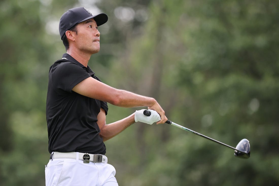 Aug 12, 2023; Bedminster, New Jersey, USA; Kevin Na plays his shot from the third tee during the second round of the LIV Golf Bedminster golf tournament at Trump National Bedminster. Mandatory Credit: Vincent Carchietta-USA TODAY Sports