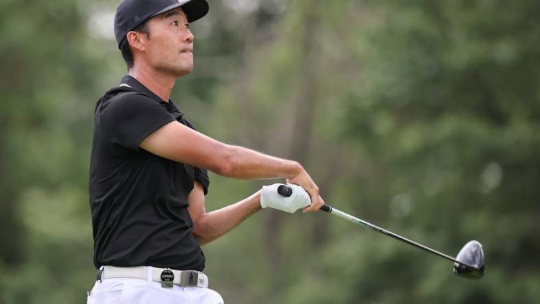 Aug 12, 2023; Bedminster, New Jersey, USA; Kevin Na plays his shot from the third tee during the second round of the LIV Golf Bedminster golf tournament at Trump National Bedminster. Mandatory Credit: Vincent Carchietta-USA TODAY Sports