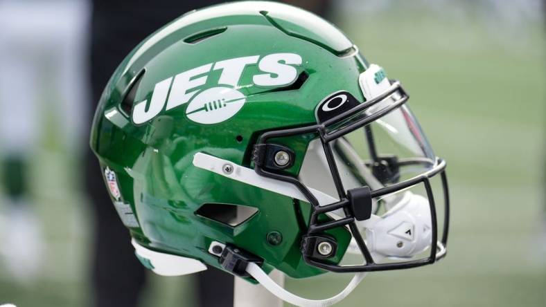 Aug 12, 2023; Charlotte, North Carolina, USA; New York Jets helmet during the second quarter against the Carolina Panthers at Bank of America Stadium. Mandatory Credit: Jim Dedmon-USA TODAY Sports