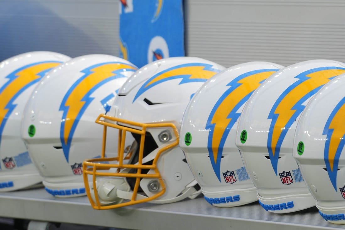 Aug 12, 2023; Inglewood, California, USA; Los Angeles Chargers helmets on the bench at SoFi Stadium. Mandatory Credit: Kirby Lee-USA TODAY Sports