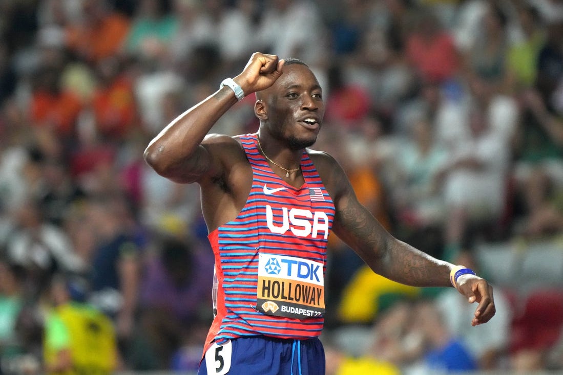 Aug 21, 2023; Budapest, Hungary; Grant Holloway (USA) celebrates after winning the 110m hurdles in 12.96 during the World Athletics Championships Budapest 23 at National Athletics Centre. Mandatory Credit: Kirby Lee-USA TODAY Sports