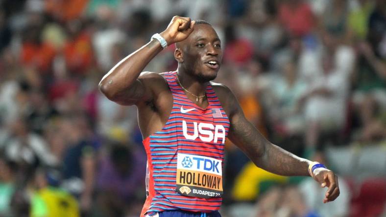 Aug 21, 2023; Budapest, Hungary; Grant Holloway (USA) celebrates after winning the 110m hurdles in 12.96 during the World Athletics Championships Budapest 23 at National Athletics Centre. Mandatory Credit: Kirby Lee-USA TODAY Sports