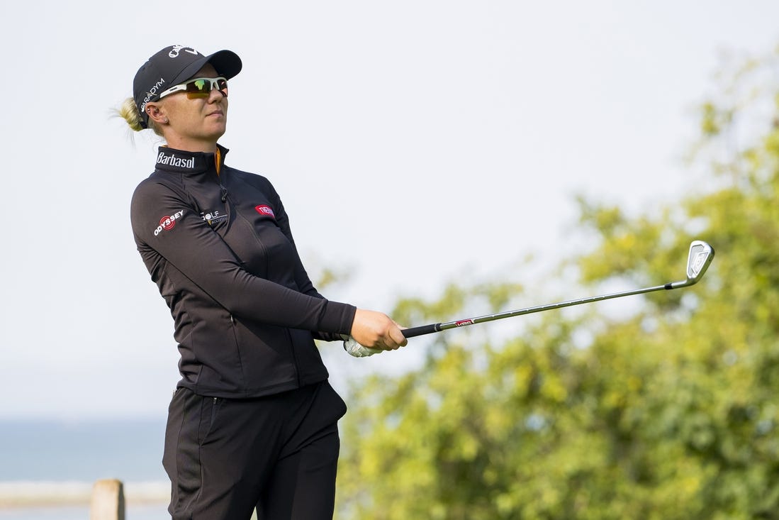 Aug 24, 2023; Vancouver, British Columbia, CAN; Madelene Sagstrom tees off on the twelfth hole during the first round of the CPKC Women's Open golf tournament at Shaughnessy Golf & Country Club. Mandatory Credit: Bob Frid-USA TODAY Sports