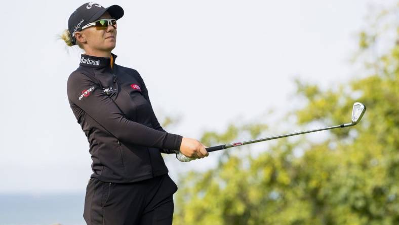 Aug 24, 2023; Vancouver, British Columbia, CAN; Madelene Sagstrom tees off on the twelfth hole during the first round of the CPKC Women's Open golf tournament at Shaughnessy Golf & Country Club. Mandatory Credit: Bob Frid-USA TODAY Sports