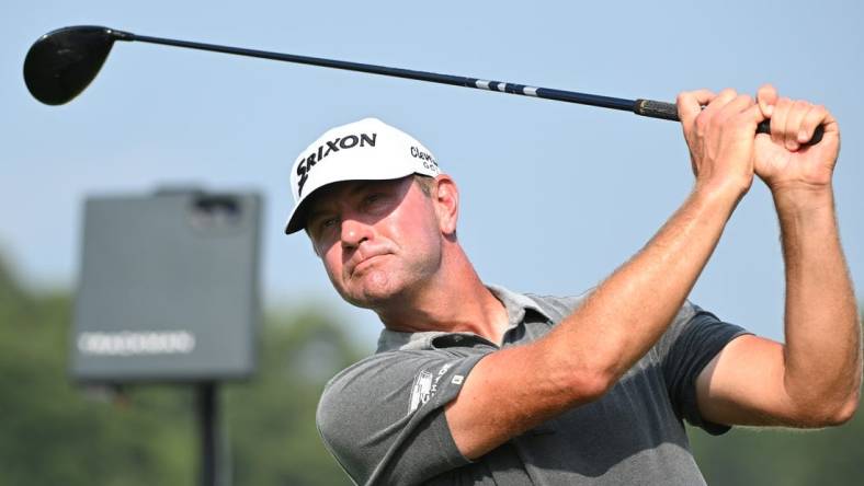 Aug 24, 2023; Atlanta, Georgia, USA; Lucas Glover tees off on the 16th hole during the first round of the TOUR Championship golf tournament at East Lake Golf Club. Mandatory Credit: Adam Hagy-USA TODAY Sports