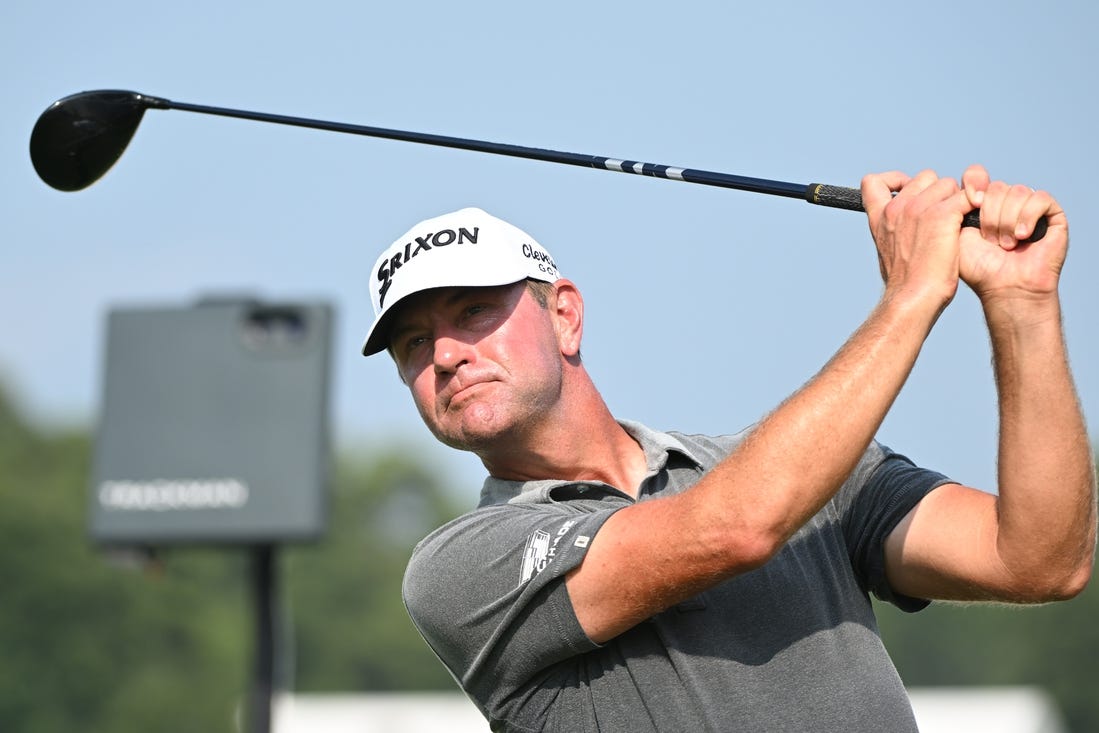 Aug 24, 2023; Atlanta, Georgia, USA; Lucas Glover tees off on the 16th hole during the first round of the TOUR Championship golf tournament at East Lake Golf Club. Mandatory Credit: Adam Hagy-USA TODAY Sports