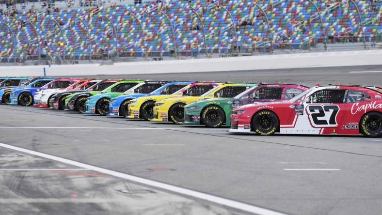 Aug 25, 2023; Daytona Beach, Florida, USA;  A general view of cars on the grid prior to the start of the NASCAR Xfinity Series Wawa 250 at Daytona International Speedway. Mandatory Credit: David Yeazell-USA TODAY Sports