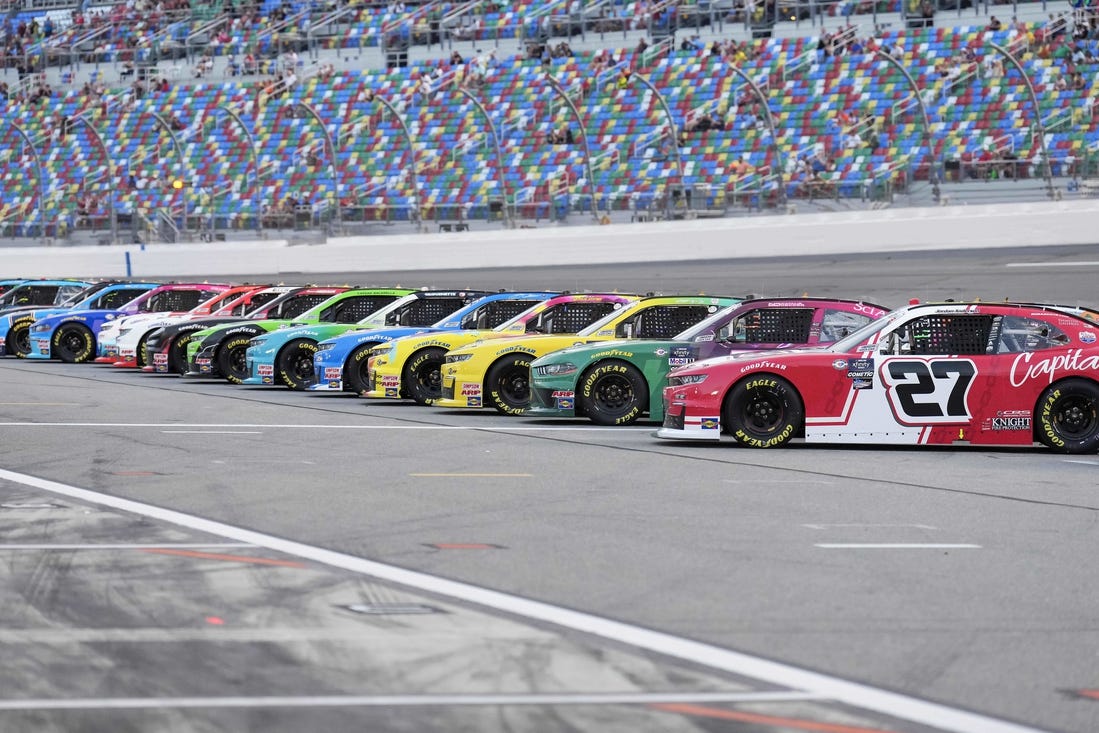 Aug 25, 2023; Daytona Beach, Florida, USA;  A general view of cars on the grid prior to the start of the NASCAR Xfinity Series Wawa 250 at Daytona International Speedway. Mandatory Credit: David Yeazell-USA TODAY Sports