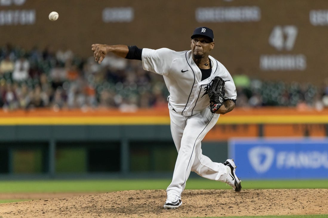 Aug 26, 2023; Detroit, Michigan, USA; Detroit Tigers relief pitcher Jose Cisnero (67) pitches in the eighth inning against the Houston Astros at Comerica Park. Mandatory Credit: David Reginek-USA TODAY Sports