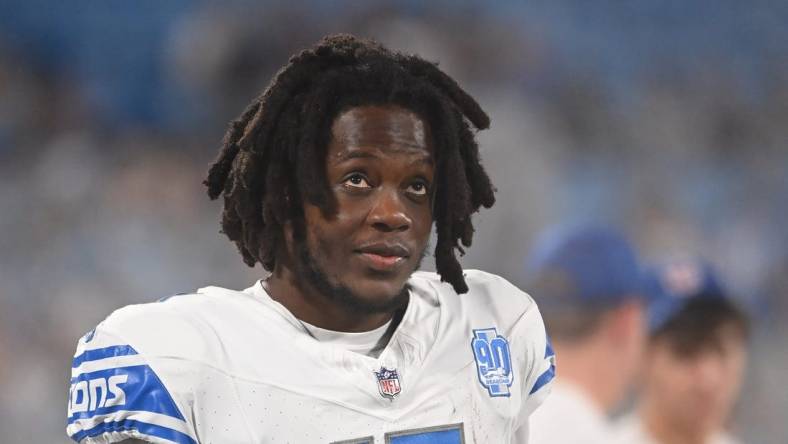 Aug 25, 2023; Charlotte, North Carolina, USA; Detroit Lions quarterback Teddy Bridgewater (17) on the sidelines in the fourth quarter at Bank of America Stadium. Mandatory Credit: Bob Donnan-USA TODAY Sports