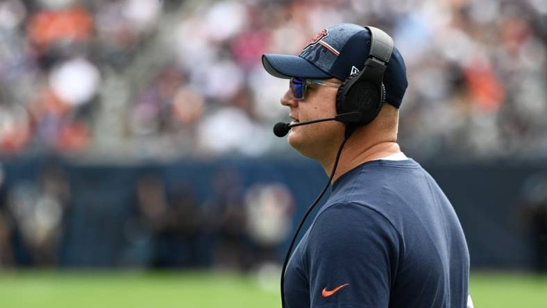 Aug 26, 2023; Chicago, Illinois, USA;  Chicago Bears offensive coordinator Luke Getsy looks on during the team   s game against the Buffalo Bills at Soldier Field. Mandatory Credit: Matt Marton-USA TODAY Sports