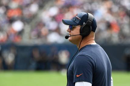 Aug 26, 2023; Chicago, Illinois, USA;  Chicago Bears offensive coordinator Luke Getsy looks on during the team   s game against the Buffalo Bills at Soldier Field. Mandatory Credit: Matt Marton-USA TODAY Sports