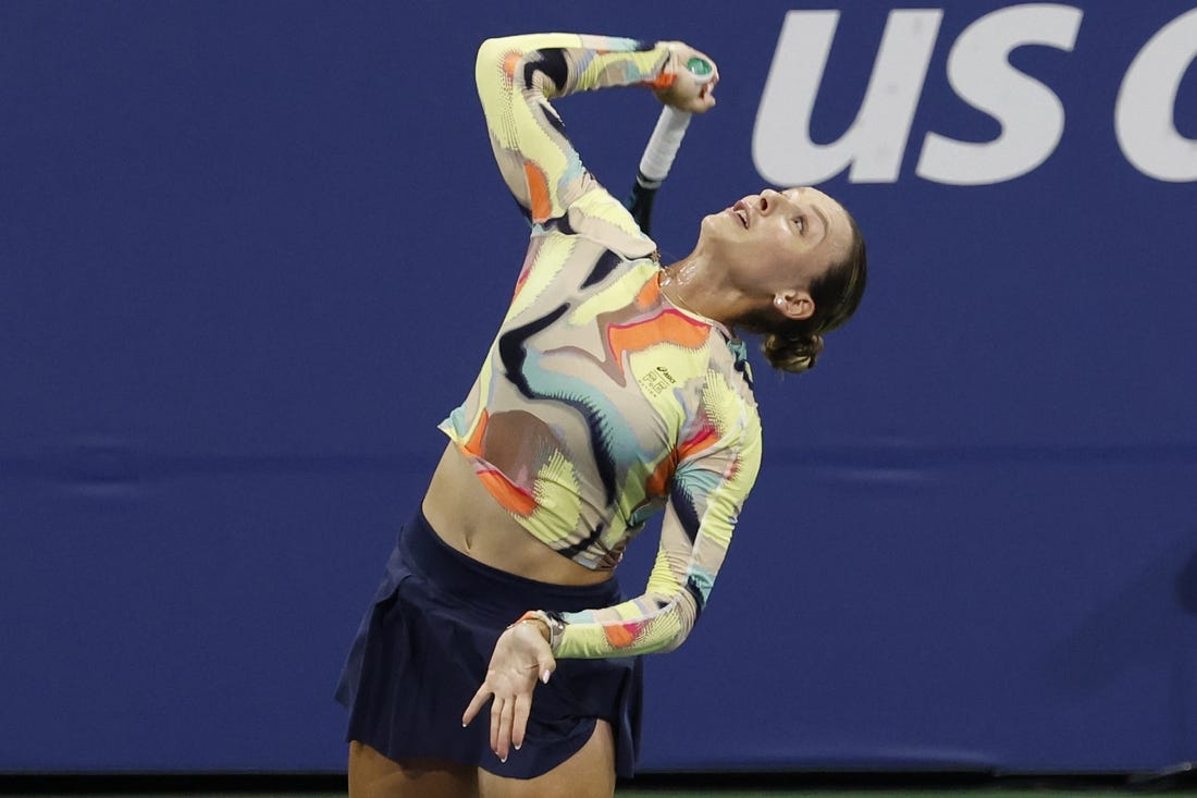 Aug 29, 2023; Flushing, NY, USA; Ana Bogdan of Romania serves against Sofia Kenin of the Unites States (not pictured) on day two of the 2023 U.S. Open tennis tournament at USTA Billie Jean King National Tennis Center. Mandatory Credit: Geoff Burke-USA TODAY Sports