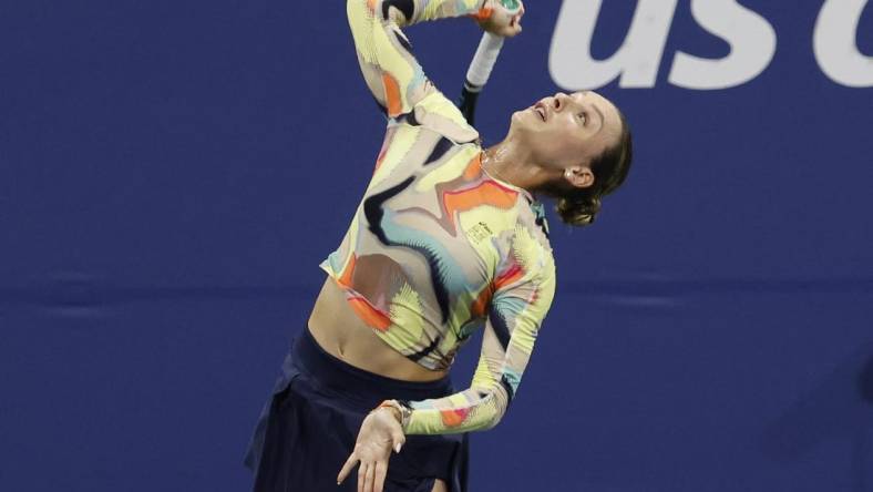 Aug 29, 2023; Flushing, NY, USA; Ana Bogdan of Romania serves against Sofia Kenin of the Unites States (not pictured) on day two of the 2023 U.S. Open tennis tournament at USTA Billie Jean King National Tennis Center. Mandatory Credit: Geoff Burke-USA TODAY Sports