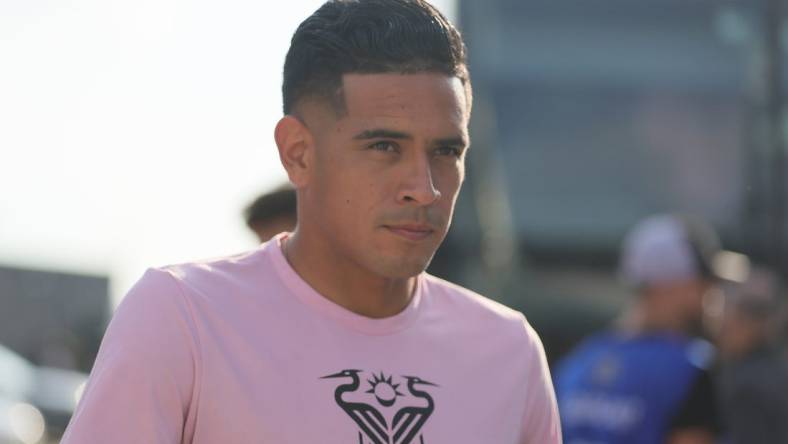 Aug 30, 2023; Fort Lauderdale, Florida, USA; Inter Miami midfielder Victor Ulloa (13) arrives at he stadium before the game against the Nashville SC at DRV PNK Stadium. Mandatory Credit: Sam Navarro-USA TODAY Sports