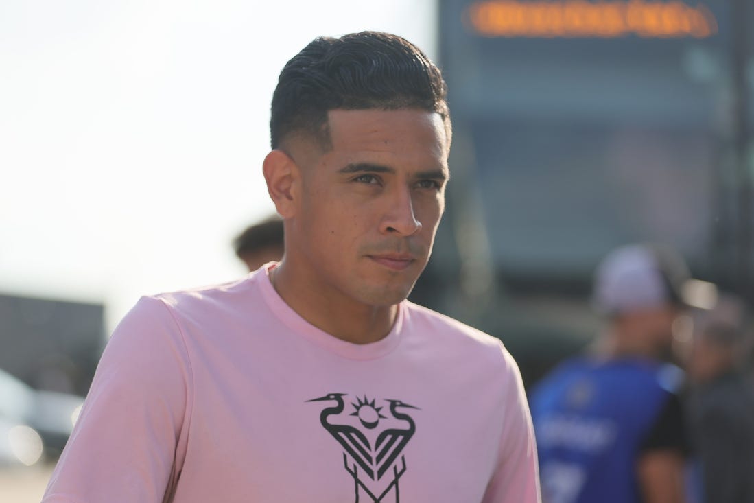 Aug 30, 2023; Fort Lauderdale, Florida, USA; Inter Miami midfielder Victor Ulloa (13) arrives at he stadium before the game against the Nashville SC at DRV PNK Stadium. Mandatory Credit: Sam Navarro-USA TODAY Sports