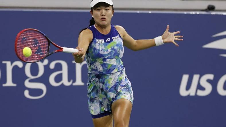 Sep 1, 2023; Flushing, NY, USA; Lin Zhu of China hits a forehand against Belinda Bencic of Switzerland (not pictured) on day five of the 2023 U.S. Open tennis tournament at USTA Billie Jean King National Tennis Center. Mandatory Credit: Geoff Burke-USA TODAY Sports