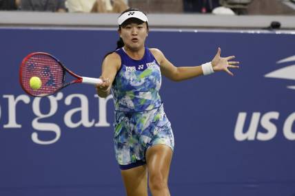Sep 1, 2023; Flushing, NY, USA; Lin Zhu of China hits a forehand against Belinda Bencic of Switzerland (not pictured) on day five of the 2023 U.S. Open tennis tournament at USTA Billie Jean King National Tennis Center. Mandatory Credit: Geoff Burke-USA TODAY Sports