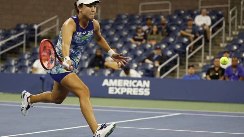 Sep 1, 2023; Flushing, NY, USA; Lin Zhu of China reaches for a forehand against Belinda Bencic of Switzerland (not pictured) on day five of the 2023 U.S. Open tennis tournament at USTA Billie Jean King National Tennis Center. Mandatory Credit: Geoff Burke-USA TODAY Sports