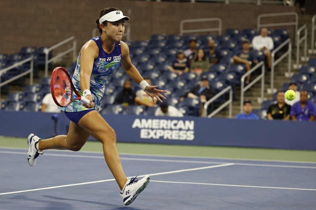 Sep 1, 2023; Flushing, NY, USA; Lin Zhu of China reaches for a forehand against Belinda Bencic of Switzerland (not pictured) on day five of the 2023 U.S. Open tennis tournament at USTA Billie Jean King National Tennis Center. Mandatory Credit: Geoff Burke-USA TODAY Sports