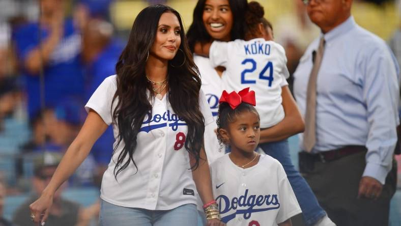 September 1, 2023; Los Angeles, California, USA; Vanessa Bryant, wife of former Los Angeles Lakers player Kobe Bryant in attendance with daughters Natalia, Bianka and Capri in attendance at Dodger Stadium. Mandatory Credit: Gary A. Vasquez-USA TODAY Sports