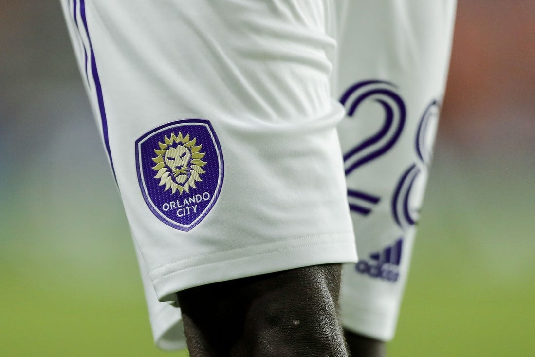 Sep 2, 2023; Cincinnati, Ohio, USA; The Orlando City SC logo on the uniform of defender Abdi Salim (28) during the second half in the game against FC Cincinnati at TQL Stadium. Mandatory Credit: Katie Stratman-USA TODAY Sports