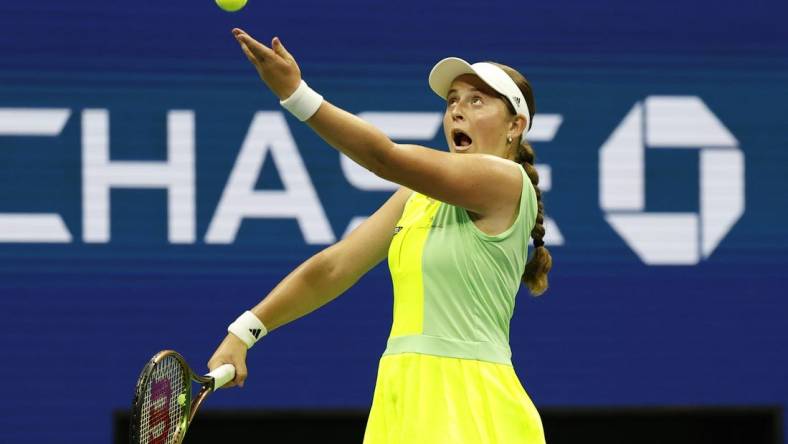 Sep 3, 2023; Flushing, NY, USA; Jelena Ostapenko of Latvia serves against Iga Swiatek of Poland (not pictured) on day seven of the 2023 U.S. Open tennis tournament at USTA Billie Jean King National Tennis Center. Mandatory Credit: Geoff Burke-USA TODAY Sports