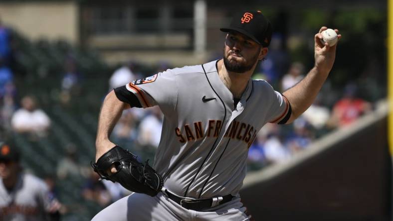 Sep 6, 2023; Chicago, Illinois, USA;  San Francisco Giants starting pitcher Alex Wood (57) delivers a pitch against the Chicago Cubs during the first inning at Wrigley Field. Mandatory Credit: Matt Marton-USA TODAY Sports