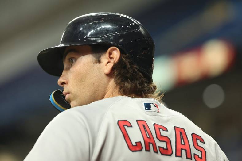 Sep 6, 2023; St. Petersburg, Florida, USA;  Boston Red Sox first baseman Triston Casas (36) looks on while on deck against the Tampa Bay Rays during the third inning at Tropicana Field. Mandatory Credit: Kim Klement Neitzel-USA TODAY Sports