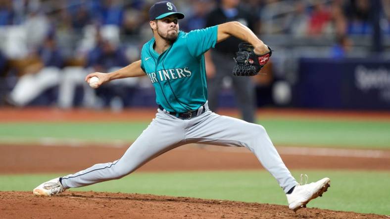 Sep 7, 2023; St. Petersburg, Florida, USA;  Seattle Mariners relief pitcher Matt Brash (47) throws a pitch against the Tampa Bay Rays in the eighth inning at Tropicana Field. Mandatory Credit: Nathan Ray Seebeck-USA TODAY Sports