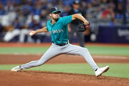 Sep 7, 2023; St. Petersburg, Florida, USA;  Seattle Mariners relief pitcher Matt Brash (47) throws a pitch against the Tampa Bay Rays in the eighth inning at Tropicana Field. Mandatory Credit: Nathan Ray Seebeck-USA TODAY Sports