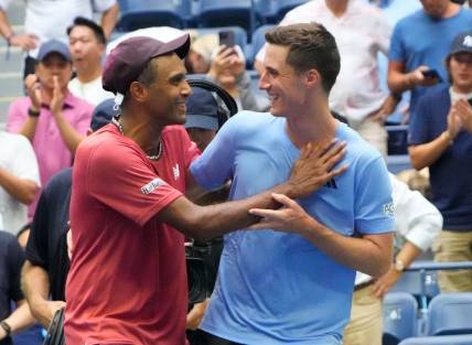 Sept 8, 2023; Flushing, NY, USA;  Rajeev Ram of the USA and Joe Salisbury of Great Britain celebrate after beating Rohan Bopanna of India and Matthew Ebden of Australia in the men s doubles final on day twelve of the 2023 U.S. Open tennis tournament at USTA Billie Jean King National Tennis Center. Mandatory Credit: Robert Deutsch-USA TODAY Sports