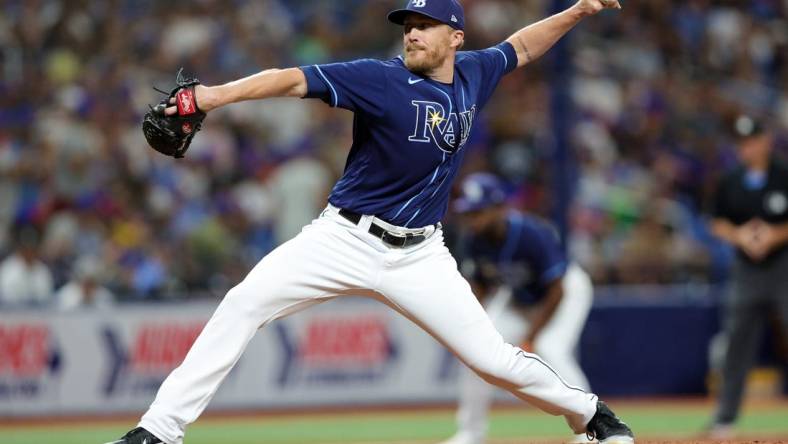 Sep 9, 2023; St. Petersburg, Florida, USA;  Tampa Bay Rays relief pitcher Jake Diekman (30) throws a pitch against the Seattle Mariners in the sixth inning at Tropicana Field. Mandatory Credit: Nathan Ray Seebeck-USA TODAY Sports