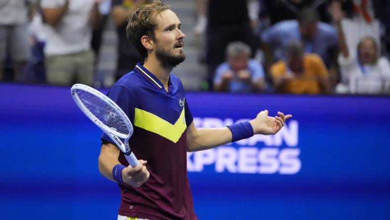 Sep 10, 2023; Flushing, NY, USA; Daniil Medvedev reacts after winning a point against Novak Djokovic of Serbia (not pictured) in the men's singles final on day fourteen of the 2023 U.S. Open tennis tournament at USTA Billie Jean King National Tennis Center. Mandatory Credit: Robert Deutsch-USA TODAY Sports