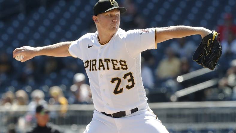 Sep 14, 2023; Pittsburgh, Pennsylvania, USA; Pittsburgh Pirates starting pitcher Mitch Keller (23) pitches against the Washington Nationals during the eighth inning at PNC Park. Pittsburgh won 2-0. Mandatory Credit: Charles LeClaire-USA TODAY Sports