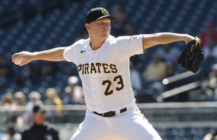 Sep 14, 2023; Pittsburgh, Pennsylvania, USA; Pittsburgh Pirates starting pitcher Mitch Keller (23) pitches against the Washington Nationals during the eighth inning at PNC Park. Pittsburgh won 2-0. Mandatory Credit: Charles LeClaire-USA TODAY Sports