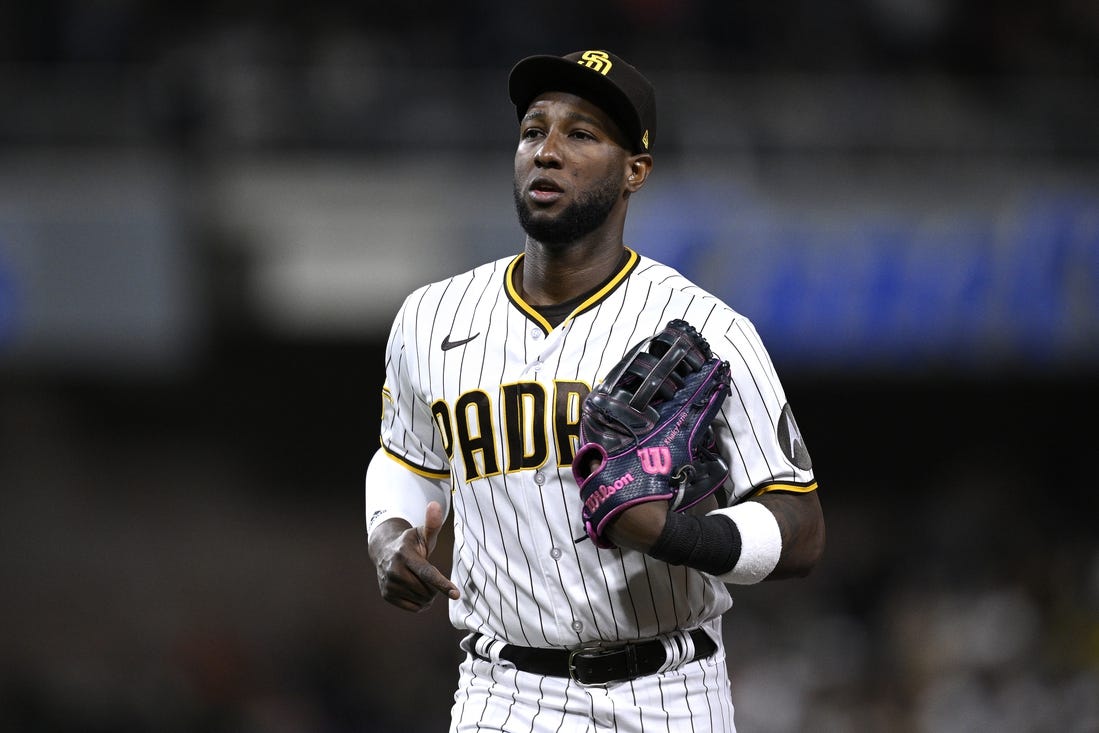 Sep 19, 2023; San Diego, California, USA; San Diego Padres left fielder Jurickson Profar (10) looks on during the fourth inning against the Colorado Rockies at Petco Park. Mandatory Credit: Orlando Ramirez-USA TODAY Sports