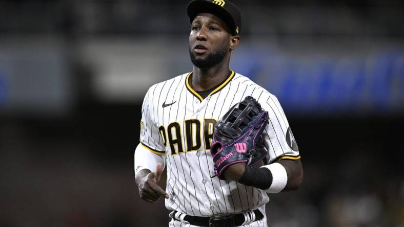 Sep 19, 2023; San Diego, California, USA; San Diego Padres left fielder Jurickson Profar (10) looks on during the fourth inning against the Colorado Rockies at Petco Park. Mandatory Credit: Orlando Ramirez-USA TODAY Sports