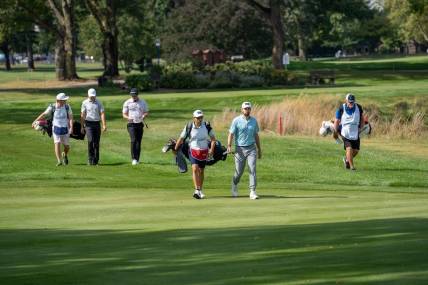 Sep 21, 2023; Columbus, OH, USA;
The group consisting of Cristobal Del Solar, Frankie Carman III and Trent Phillips walks the fairway to their balls on hole 8 during the Nationwide Children   s Hospital Championship.