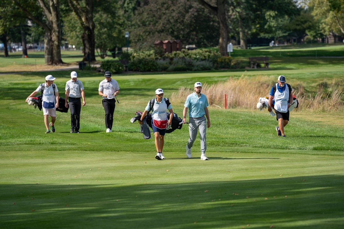 Sep 21, 2023; Columbus, OH, USA;
The group consisting of Cristobal Del Solar, Frankie Carman III and Trent Phillips walks the fairway to their balls on hole 8 during the Nationwide Children   s Hospital Championship.