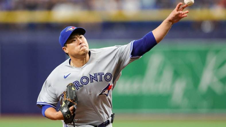 Sep 23, 2023; St. Petersburg, Florida, USA;  Toronto Blue Jays starting pitcher Hyun Jin Ryu (99) throws a pitch against the Tampa Bay Rays in the fifth inning at Tropicana Field. Mandatory Credit: Nathan Ray Seebeck-USA TODAY Sports