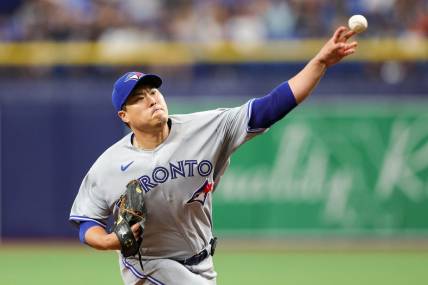 Sep 23, 2023; St. Petersburg, Florida, USA;  Toronto Blue Jays starting pitcher Hyun Jin Ryu (99) throws a pitch against the Tampa Bay Rays in the fifth inning at Tropicana Field. Mandatory Credit: Nathan Ray Seebeck-USA TODAY Sports