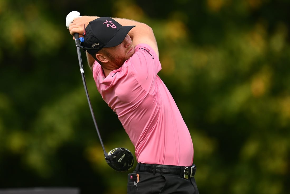 Sep 24, 2023; Sugar Grove, Illinois, USA; Talor Gooch tees off from the 2nd tee during the final round of the LIV Golf Chicago golf tournament at Rich Harvest Farms. Mandatory Credit: Jamie Sabau-USA TODAY Sports