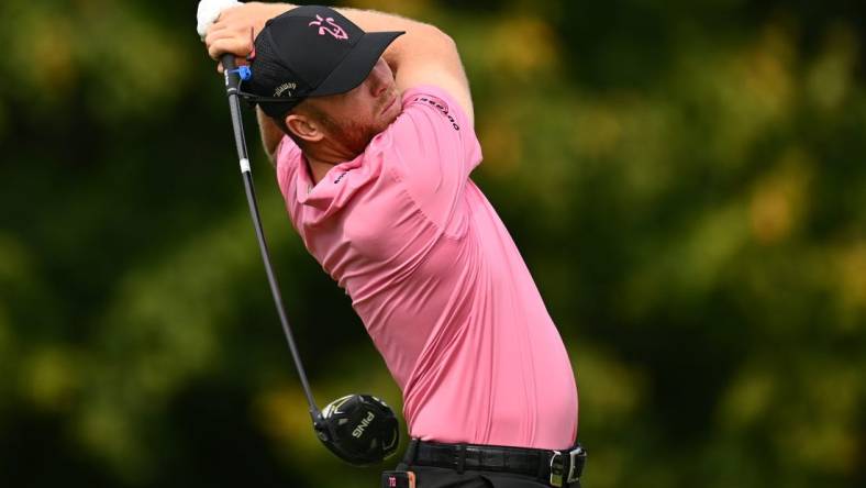 Sep 24, 2023; Sugar Grove, Illinois, USA; Talor Gooch tees off from the 2nd tee during the final round of the LIV Golf Chicago golf tournament at Rich Harvest Farms. Mandatory Credit: Jamie Sabau-USA TODAY Sports