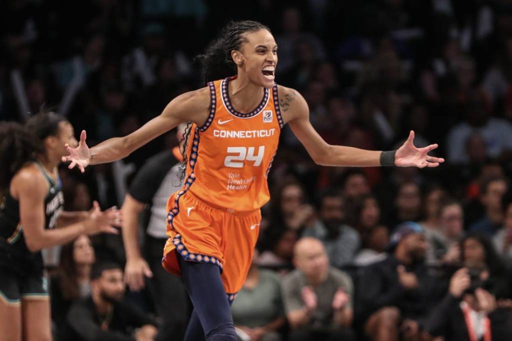 Sep 24, 2023; Brooklyn, New York, USA; Connecticut Sun forward DeWanna Bonner (24) celebrates after scoring in the fourth quarter against the New York Liberty during game one of the 2023 WNBA Playoffs at Barclays Center. Mandatory Credit: Wendell Cruz-USA TODAY Sports